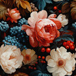 Seamless vector background with garden roses, leaves and berries. Vintage oil painting style.