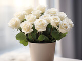 Fototapeta Dmuchawce - White roses flourish in a pot against a soft, illuminated background