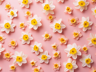 Wall Mural - Top view highlights fresh daffodil flowers on a soft pink backdrop