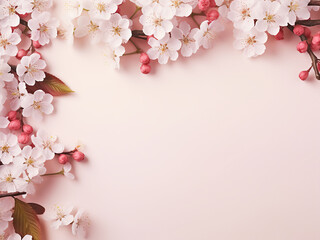 Wall Mural - Border of spring blossom branches on pink floral pattern, offering text space