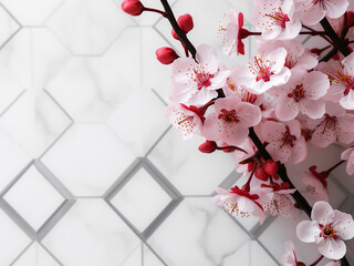 Poster - Vibrant cherry blossoms contrast against geometric abstract backdrop, blending tradition with modernity