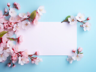 Poster - Pink and blue backdrop features cherry twig with white petal flowersa holiday card mockup