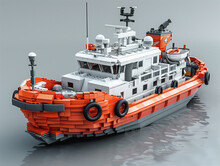 3D Model Of A White And Red Rescue Boat In A Lego Style
