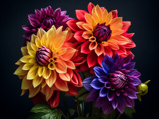 Wall Mural - Vibrant dahlia flowers stand out against a dark background with focus