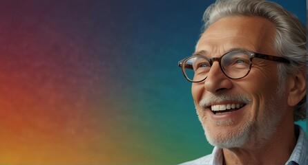 young caucasian elderly man on plain bright colorful background laughing hysterically looking at camera background banner template ad marketing concept from Generative AI