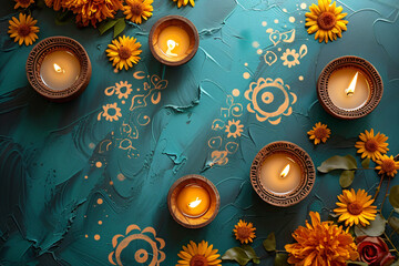 Wall Mural - Indian ornamental design of Rangoli pattern in orange color with candles on green background. Ugadi or Gudi Padwa celebration. Indian festival of Diwali. Hindu New Year. Religion and ethnic concept