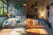 Explore the inner view of a children's bedroom's transformation, split-screen, shifting from playful jungle-themed to sleek minimalist, from day to night.
