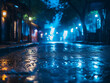 Blurred view of a nighttime street scene with a blue tint