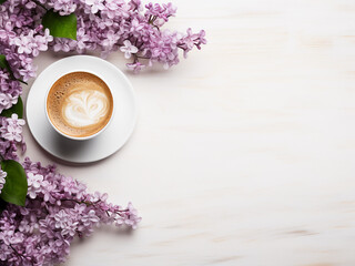 Wall Mural - Spring-themed still life arrangement with coffee, lilac, and roses on a rustic wooden background