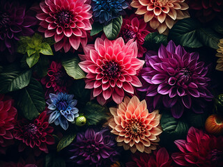 Wall Mural - Colorful blooms and green foliage create a decorative floral pattern on a green background