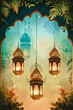 Three lanterns hanging from ceiling. Eid al Fitr concept