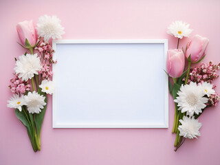 Wall Mural - Celebratory flowers and a photo frame on pastel pink and green