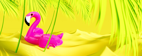 Wall Mural - Summer background. Pink flamingo inflatable rubber on fluorescent yellow water background. Trendy seasonal concept design. 3D Rendering, 3D Illustration