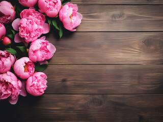 Canvas Print - Pink peonies arranged on aged wood, providing space for text