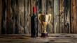 bouteille de vin à côté d'un trophée en or sur un fond bois
