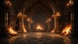 Mysterious dark gothic church interior with burning candles.