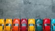 several vintage cars on a concrete background. Vintage transport and collectible car concept. Design for poster, banner with place for text.Top view