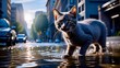 A stray cat walks through a puddle after a downpour and a hurricane