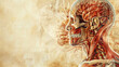 Anatomical illustration of the profile of a human head showcasing brain, facial muscles and skull anatomy, blended with graphic elements on an abstract textured background for a medical wallpaper