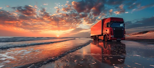 Efficient Transportation Solutions: A Cargo Truck Hauling Goods Across the Country, Ideal for Advertising with Space for Custom Copy or Brand Logos on a Wide Banner Background