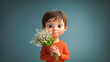 jeune garçon qui tient un bouquet de muguet dans ses mains - fond bleu uni	
