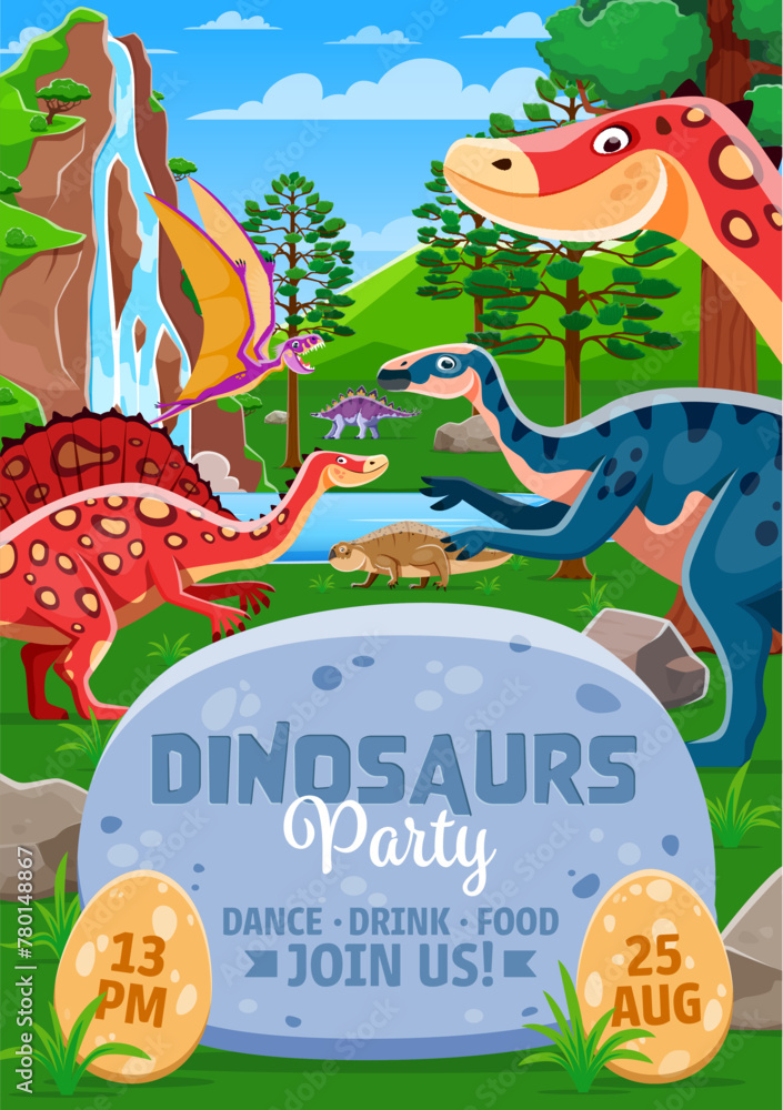 Dino party flyer, cartoon dinosaur characters in tropical jungle forest ...