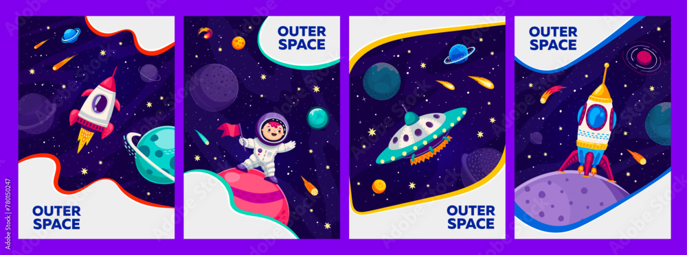 Cartoon galaxy space template banners and posters with kid astronaut ...