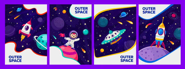 Wall Mural - cartoon galaxy space template banners and posters with kid astronaut, vector backgrounds. outer spac