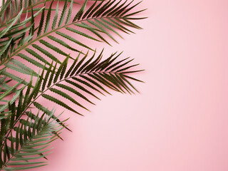 Wall Mural - Top view of a flat lay showcases tropical fern leaves on pastel pink