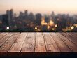 Blurry cityscape backdrop enhances wooden table's appeal