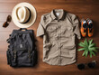 Essentials for a trip with kids laid out on a dark wooden background