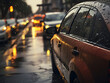 Rain-dappled windshield amidst a dreary traffic jam
