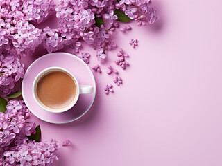 Wall Mural - A pink canvas hosts a springtime tableau lilac branches beside a steaming cup