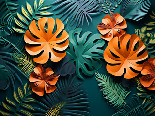 Poster - High-quality photo showcases tropical leaves in a paper-cut style