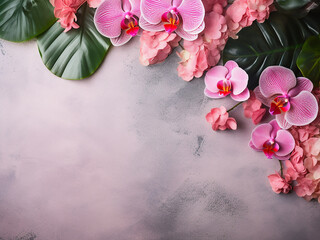 Wall Mural - Orchid flowers and monstera leaves adorn a pink concrete backdrop