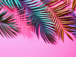 Wall Mural - Top view flat lay presents tropical palm leaves in varied hues on pink