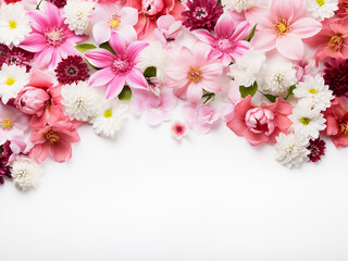 Wall Mural - Top view arrangement of assorted pink flowers on a white background