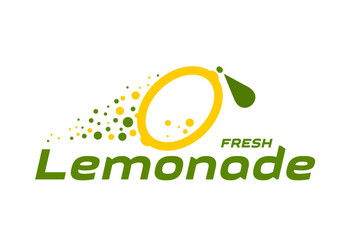 Wall Mural - Lemonade icon for juice drink or lemon fruit beverage, vector label. Lemonade sign of lemon fruit outline with sparkling water bubbles splash and green leaf for citrus drink or soda product package