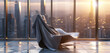 A minimalist design of a business suit jacket draped over a sleek, modern chair. 32k, full ultra hd, high resolution