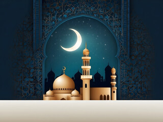 Ramadan Kareem background design. Vector illustration with mosque and moon, place for text greeting card and banner, lantern Islamic, Eid Mubarak. Holiday festival, banner