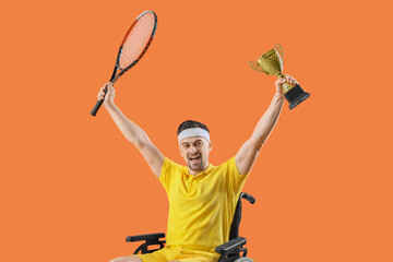 Poster - Tennis player in wheelchair with racket and gold cup on orange background