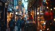 Cozy Winter Shopping Street with Festive Decorations and Lights