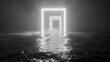 Mysterious monochrome landscape with sequential illuminated doorways receding into the mist