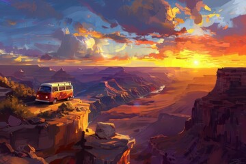 Wall Mural - Adventurous Van Road Trip at Breathtaking Canyon Sunset, Digital Painting