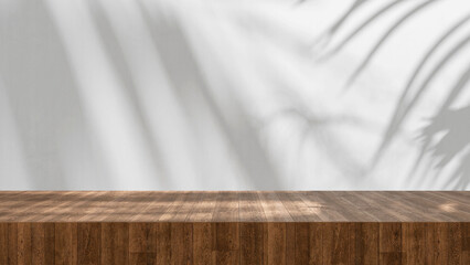 Poster - Wooden table high quality table top close up with soft palm shadows and sun light, summer background product display - empty copy space for product and design mock up, wooden countertop and white wall