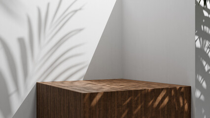 Fototapete - Luxury summer high quality wooden table display with palm leafs shadows and soft sun light on white walls backdrop. Podium, copy space for cosmetic or beauty products and design, minimalistic mock up