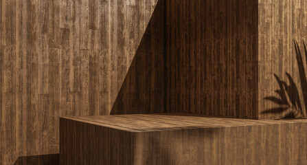 Fototapete - Wooden table summer background, wooden podium with soft sunlight and shadows, empty geometrical forms with empty space for design and product placement with cozy summer light and shadows