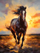 The mustang at sunset jumps on the prairie. Oil painting in impressionism style. Vertical composition.