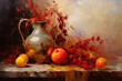 Still life in red tones with fruit, jug and flowers. Oil painting in impressionism style. Horizontal composition.