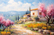 Ancient Greece. Spring landscape. Oil painting in impressionism style. Horizontal composition.